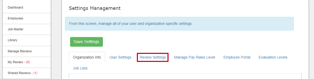 settings options, review settings tab