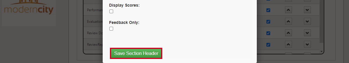 modify header options pop-up window, save section header button