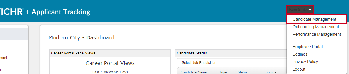 user profile drop-down menu, candidate management